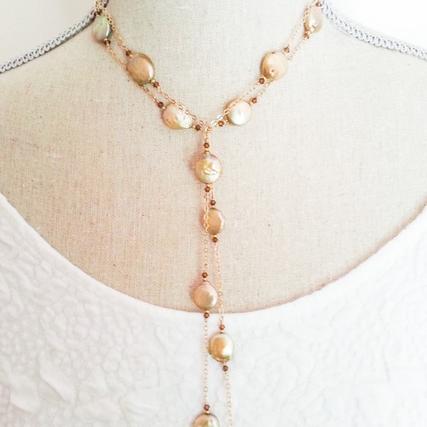 Gold Coin Pearl Lariat Necklace, Coin Pearl Lariat, Coin Pearl Necklace, Gold Pearl Necklace, Pearl Lariat, Pearl Necklace, Gold Coin Pearls