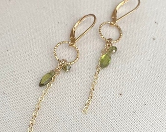 Peridot Earrings Gold, Green Gemstone Small Hoop Dangle, August Birthstone Jewelry