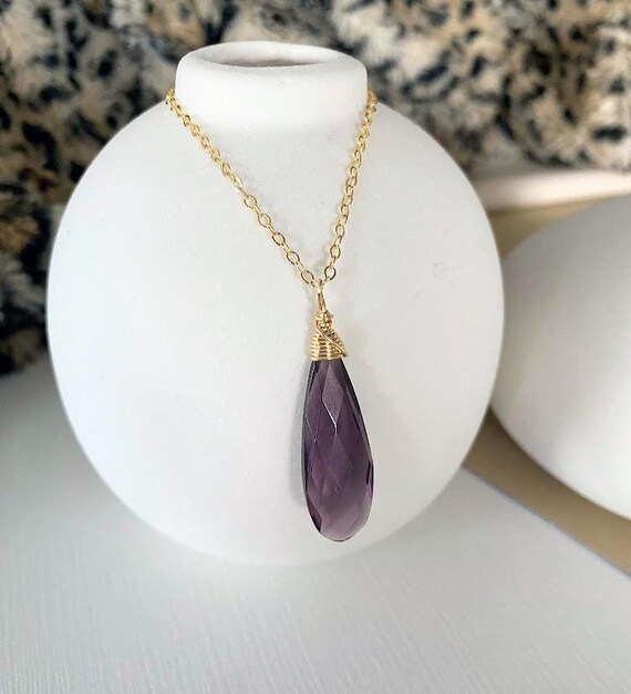 Amethyst Quartz Teardrop Necklace Gold, Large Purple Gemstone