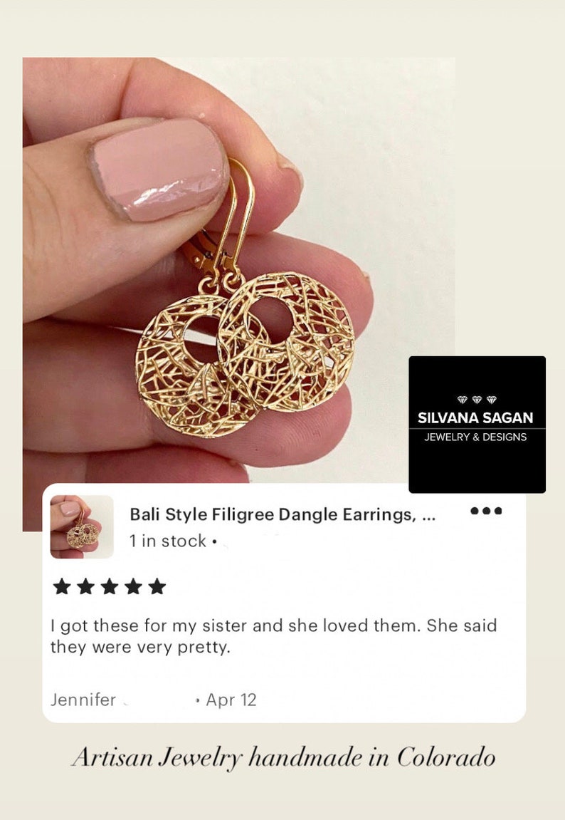 Bali Style Filigree Dangle Earrings, Open Circle 24k Gold Plated Round Charm Earrings, Jewelry Gifts for Her image 2