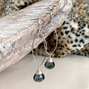 Blue Tourmaline Quartz Marquise Hoops, Sterling Silver Gemstone Statement Earrings, Tourmaline Drop Dangle Earrings image 2