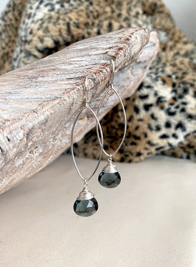 Blue Tourmaline Quartz Marquise Hoops, Sterling Silver Gemstone Statement Earrings, Tourmaline Drop Dangle Earrings image 2