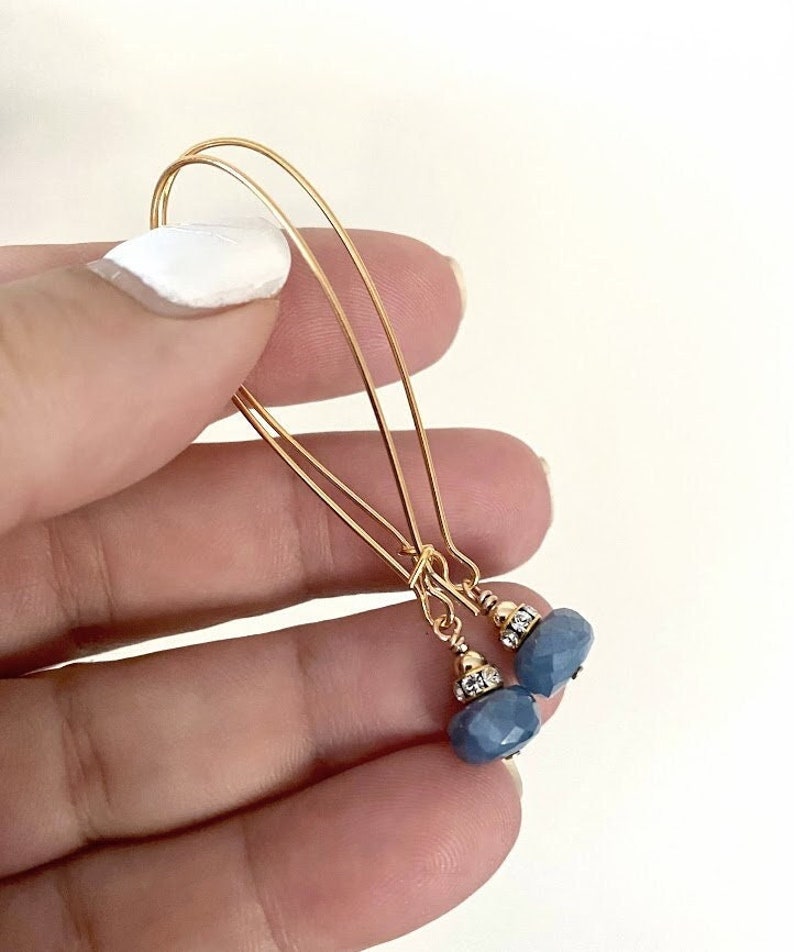 Denim Blue Opal Hoop Earrings, Long Gold or Silver Gemstone Earrings, October Birthstone Jewelry Gifts image 1