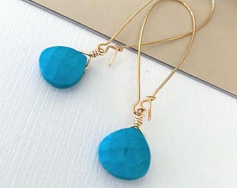 Turquoise Hoop Earrings Gold, Dainty Gemstone Dangle Hoops, Minimalist Jewelry