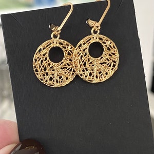 Bali Style Filigree Dangle Earrings, Open Circle 24k Gold Plated Round Charm Earrings, Jewelry Gifts for Her image 4