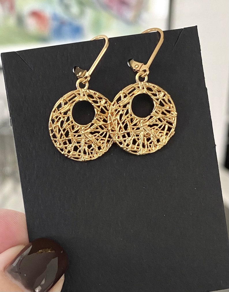 Bali Style Filigree Dangle Earrings, Open Circle 24k Gold Plated Round Charm Earrings, Jewelry Gifts for Her image 4