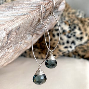 Blue Tourmaline Quartz Marquise Hoops, Sterling Silver Gemstone Statement Earrings, Tourmaline Drop Dangle Earrings image 3
