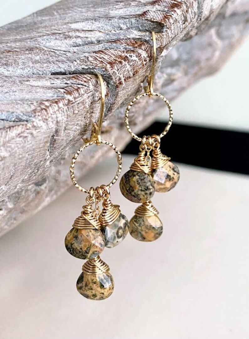 Leopard Skin Jasper Hoop Earrings, Gold Cascading Cluster Gemstone Dangle Earrings, Jewelry Gifts for Her image 1