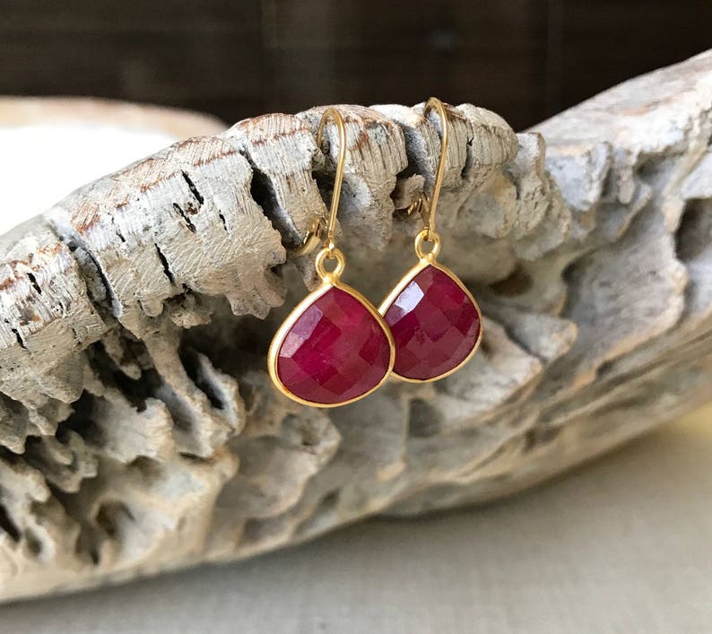 Ruby Earrings, Ruby Earrings Gold, Gold Ruby Earrings, Ruby Tear Drop Earrings, Ruby Drop Earrings, Ruby Dangle, Summer Fashion Gift for Her image 3