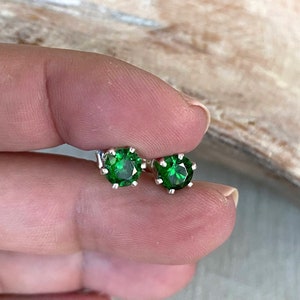 Sterling Silver Emerald Green CZ Stud Earrings, 6mm Round Gemstone Studs, May Birthstone Jewelry Gifts for Her image 3