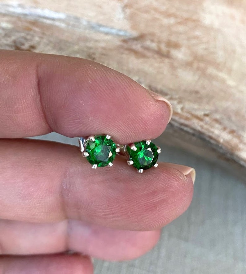 Sterling Silver Emerald Green CZ Stud Earrings, 6mm Round Gemstone Studs, May Birthstone Jewelry Gifts for Her image 3