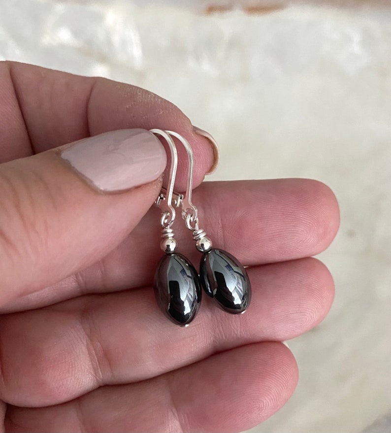 Hematite Earrings Dangle, Sterling Silver or Gold Filled Gemstone Drop Dangle Earrings, Gray Stone Earrings, Small Everyday Earrings image 5