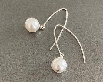 Long Large Pearl Dangle Earrings Silver, Gemstone Arc Threader Statement Earrings, Pearl Jewelry