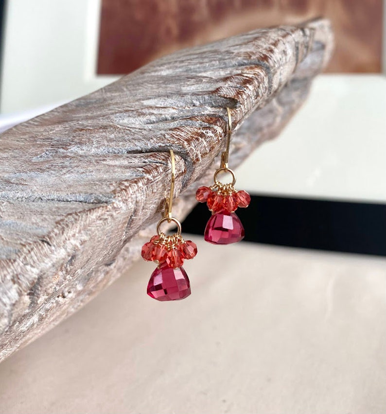 Small Red Quartz Cluster Earrings, Gold Filled Dainty Gemstone Earrings, Jewelry Gifts for Mom Wife Sister Daughter Girlfriend image 3