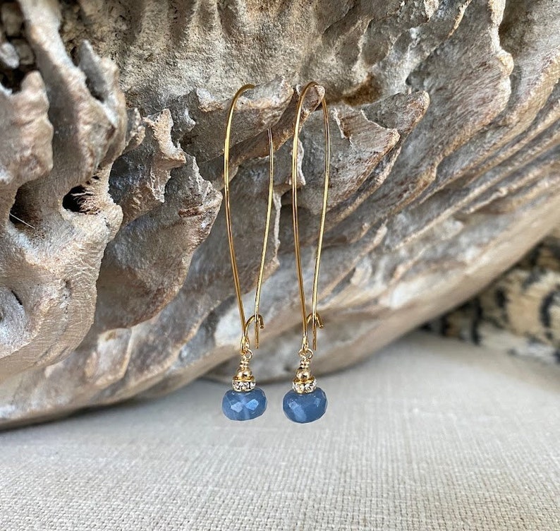 Denim Blue Opal Hoop Earrings, Long Gold or Silver Gemstone Earrings, October Birthstone Jewelry Gifts image 4
