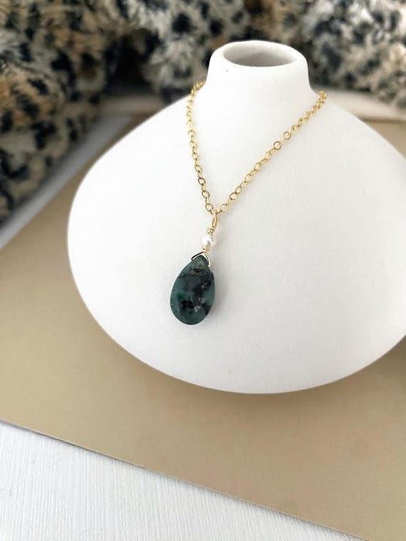 Emerald and Pearl Necklace, Small Genuine Emerald Pendant, Dainty