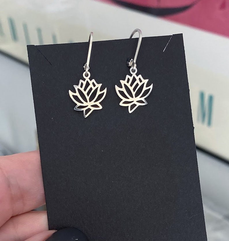 Small Lotus Flower Earrings, Natural Silver Stainless Steel Lotus Charm Earrings, Silver Flower Earrings, Minimalist Floral Earrings image 3