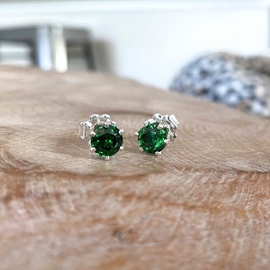 Sterling Silver Emerald Green CZ Stud Earrings, 6mm Round Gemstone Studs, May Birthstone Jewelry Gifts for Her image 4