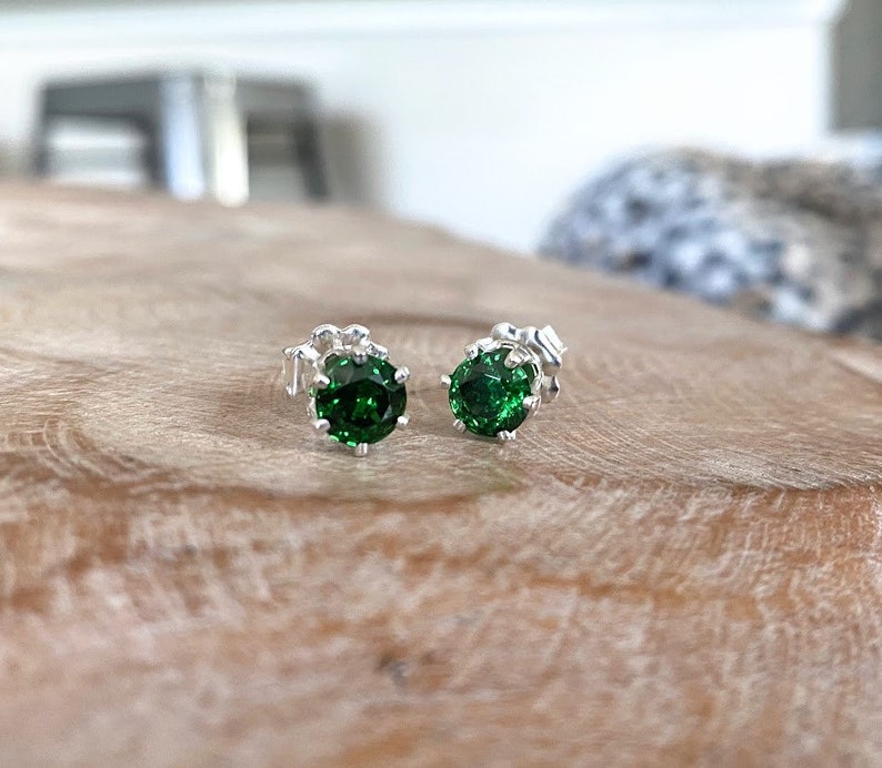 Sterling Silver Emerald Green CZ Stud Earrings, 6mm Round Gemstone Studs, May Birthstone Jewelry Gifts for Her image 4