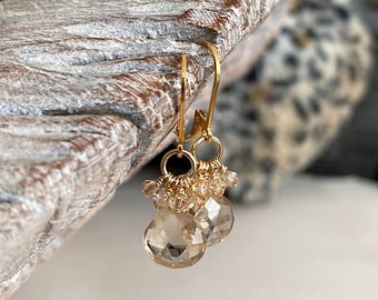 Champagne Quartz Earrings, Gold Drop Dangle Earrings, Small Champagne Crystal Cluster Earrings, Boho Earrings, Dainty Everyday Earrings