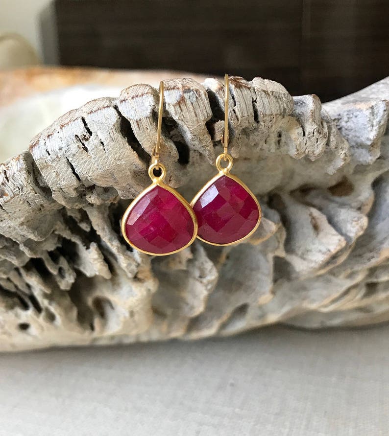 Ruby Earrings, Ruby Earrings Gold, Gold Ruby Earrings, Ruby Tear Drop Earrings, Ruby Drop Earrings, Ruby Dangle, Summer Fashion Gift for Her image 1