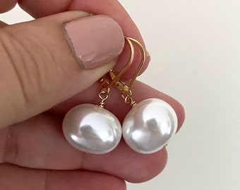 Elegant Big Drop Shell Pearl Earring, 14k Gold Filled Lever Back Statement Dangle Earrings, Gemstone Earrings, Pearl Jewelry