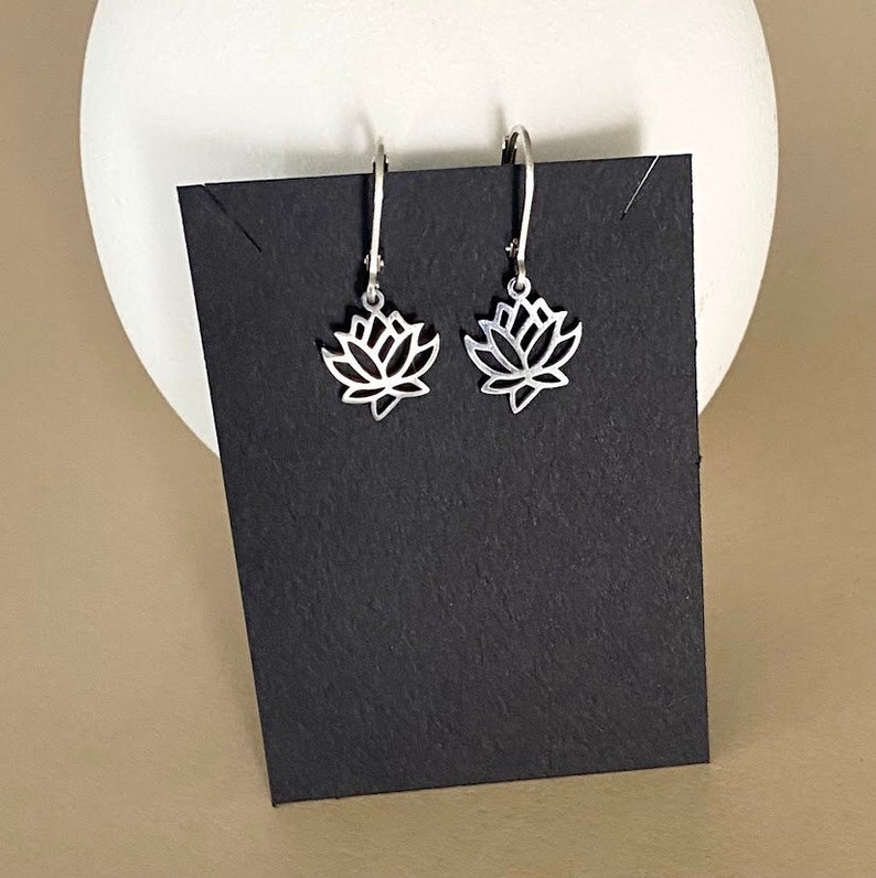 Small Lotus Flower Earrings, Natural Silver Stainless Steel Lotus Charm Earrings, Silver Flower Earrings, Minimalist Floral Earrings image 1