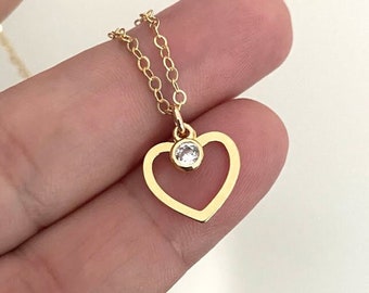 Gold Open Heart Necklace with CZ, Heart Charm Necklace for Women, Heart Jewelry, Love Necklace