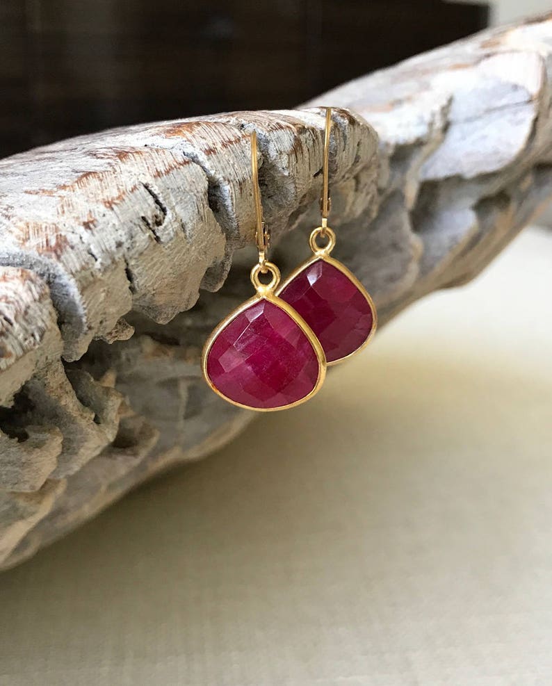 Ruby Earrings, Ruby Earrings Gold, Gold Ruby Earrings, Ruby Tear Drop Earrings, Ruby Drop Earrings, Ruby Dangle, Summer Fashion Gift for Her image 2