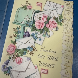 LIVRAISON GRATUITE : fleurs vintage et boîte aux lettres carte de voeux de rétablissement, or métallique inutilisé | Éphémères | Album | Lettre | Correspondant | Papeterie