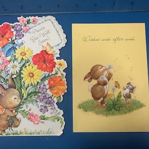LIVRAISON GRATUITE : lot de 2 cartes de voeux vintage avec lapin et fleurs, enfant printanier mignon, rétablissement rapide, éphémères inutilisés | Lettre | Correspondant | Papeterie