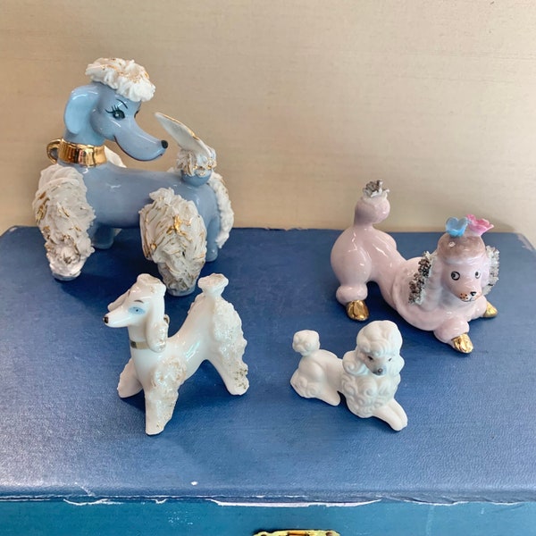 Vintage Kitsch Ceramic Poodles - Pink, Blue, White Figures - Spaghetti MCM-  4 Available, Minor Wear - See Photos and Description