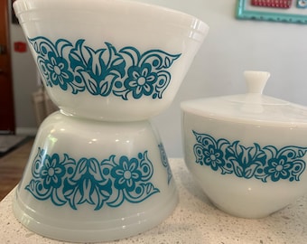 Vintage Federal Glass Blue Tulip Bowls and Jar: Turquoise Floral Milk Glass