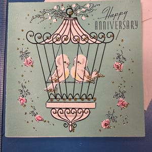LIVRAISON GRATUITE : carte de voeux d'anniversaire vintage avec police d'oiseaux des années 1940 et fleurs roses et vert menthe inutilisé | Éphémères | Papeterie à lettres