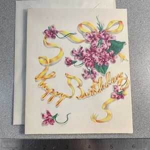 LIVRAISON GRATUITE : carte d'anniversaire vintage W/jaune et violet fleurs en relief rubans floraux et fleurs - doux féminin et chic