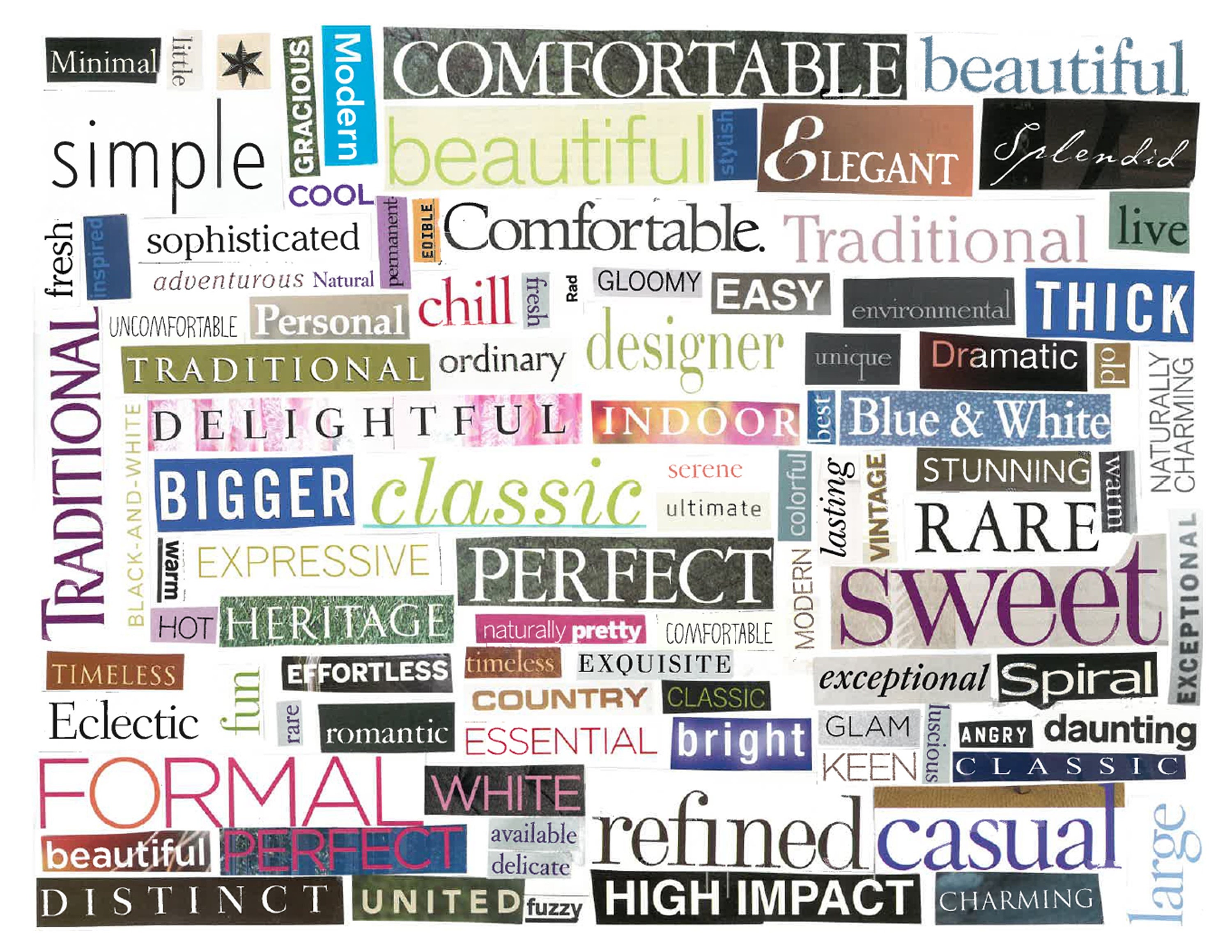 100 Adjectives Collage Words From Magazines Organization, Mood Boards ...