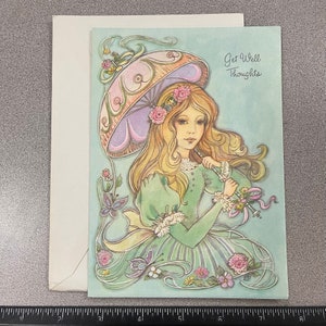 LIVRAISON GRATUITE: vintage Boho Girl Flowers Get WELL Carte de vœux avec Inside Graphics | Éphémères | Album | Collage | | de correspondants Papeterie
