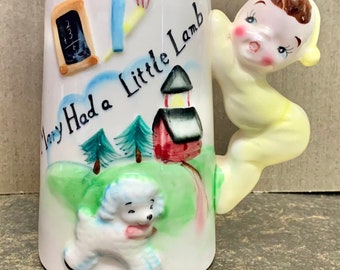 RARE & HTF "Mary Had a Little Lamb" Musical Mug, Made in Japan, w/Wind Up,  5.5” Tall, Excellent Nursery Rhyme Children Collectible Ceramic