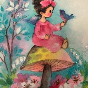 LIVRAISON GRATUITE : fille vintage avec robe rose sur une carte de voeux de rétablissement, des oiseaux bleus champignon vénéneux, des paillettes inutilisées | Éphémères | Lettre | Correspondant | Papeterie