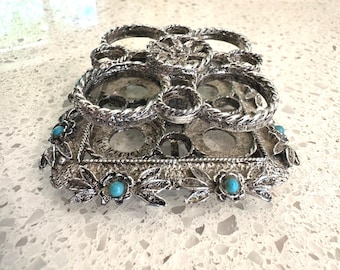 Vintage Art Nouveau Silver Lipstick Holder: Turquoise Stones & Leaf Design