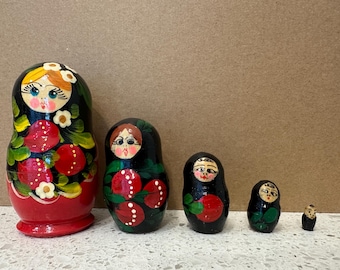 Hand Painted Matryoshka Nesting Dolls: Rosy Cheeks, Strawberries, Gold Accent