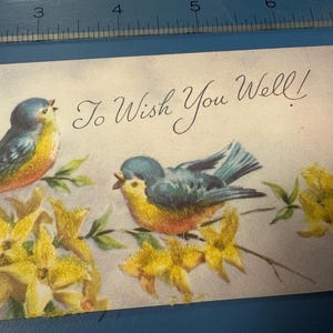 LIVRAISON GRATUITE : carte de voeux vintage Bluebirds & Yellow Florals Get well soon métallique inutilisé | Éphémères | Lettre | Correspondant | Papeterie