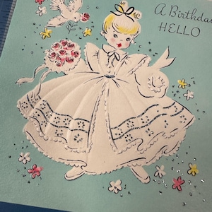 FREE SHIP: Vintage Birthday Greeting Card w/Pretty 1950s Girl in a Dress and Pretty Florals Spring  Unused | Ephemera | Letter Stationery