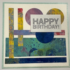 Biglietto di buon compleanno: collage multistrato originale, unico nel suo genere, realizzato con carte dipinte a mano