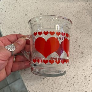 Vintage Clear Glass Mug With Red Hearts 12oz Valentine’s Day Cheerful Love Clear Handle