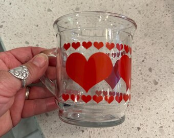 Vintage Clear Glass Mug With Red Hearts 12oz Valentine’s Day Cheerful Love Clear Handle