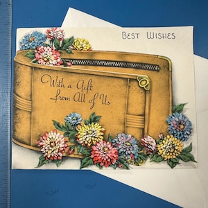 LIVRAISON GRATUITE : carte de voeux vintage « Un cadeau de la part de tous » avec faux portefeuille et fleurs inutilisé | Éphémères | Papeterie à lettres