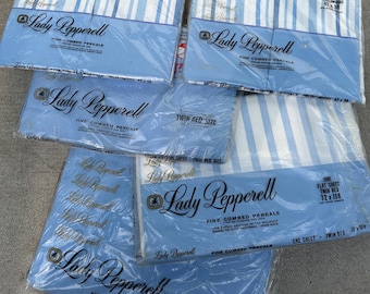 Vintage Lady Pepperell Twin Bed Sheet Set: Blue Stripes, Combed Percale
