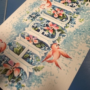 LIVRAISON GRATUITE : magnifique carte de voeux vintage BONJOUR de luxe avec oiseaux roses, fleurs + bleu pastel Éphémères | Lettre |  Papeterie