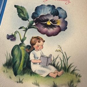 LIVRAISON GRATUITE : carte d'anniversaire fille vintage avec fleurs bleues violettes lecture chemise de nuit fleurs printemps inutilisé | Éphémères | Papeterie à lettres
